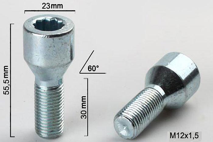 M12x1,5, Wielbout conisch inbus, Draadlengte 30mm, 23mm kopdiameter